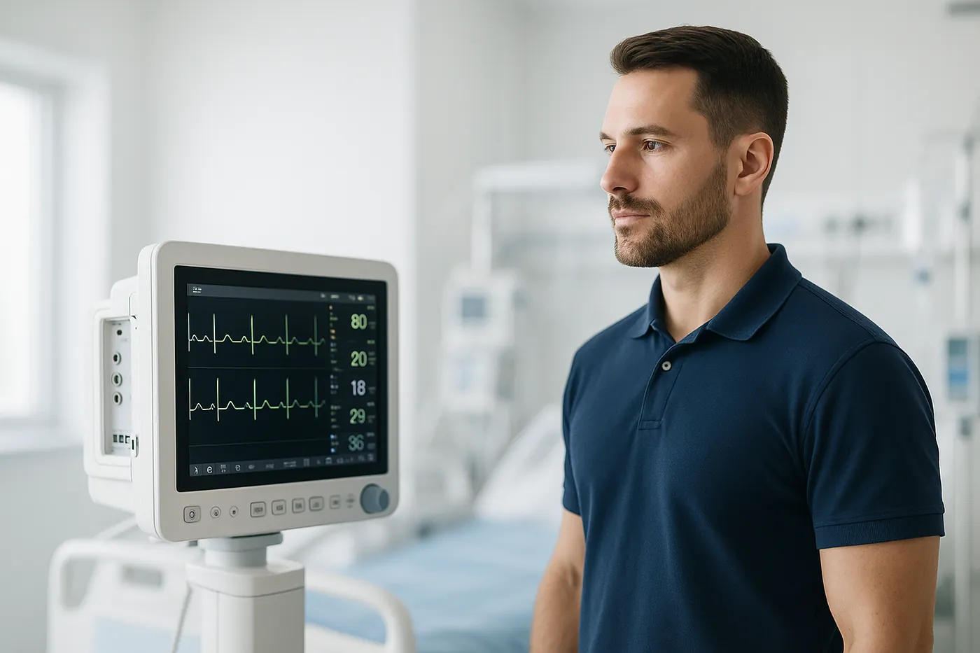 Biomedical engineer beside a multi-parameter patient monitor displaying live ECG waveforms in a modern intensive care unit