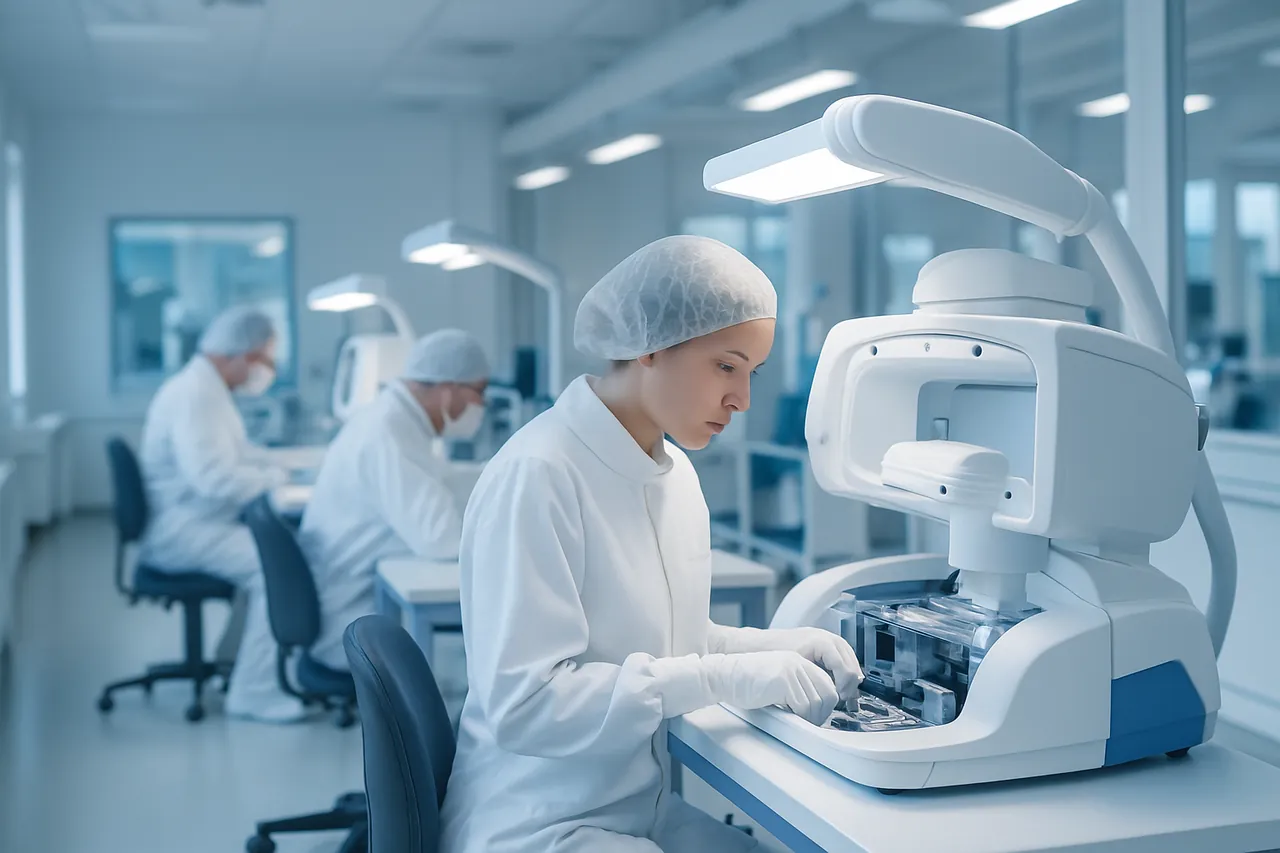 Technicians assembling medical devices in a controlled cleanroom facility