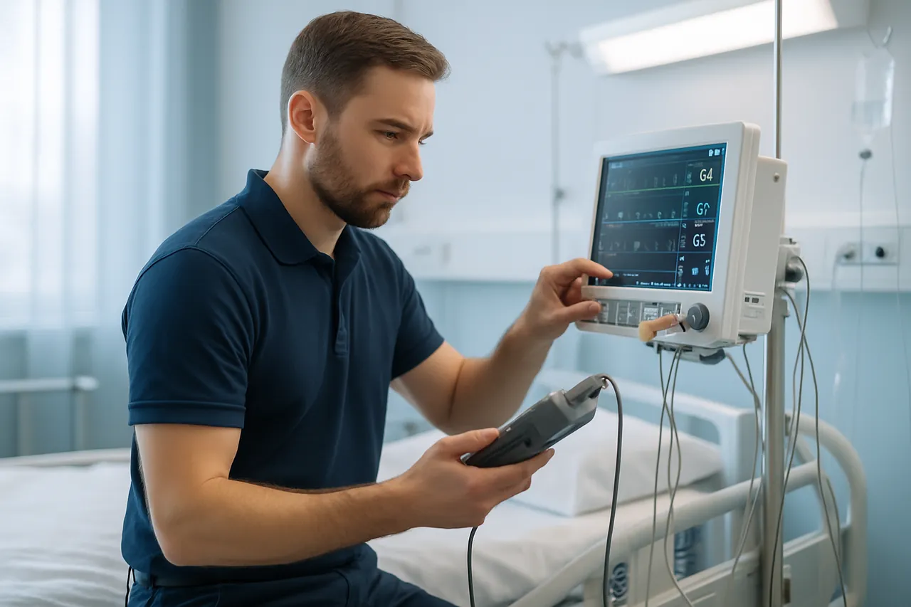 Service engineer calibrating a patient monitor at a hospital bedside